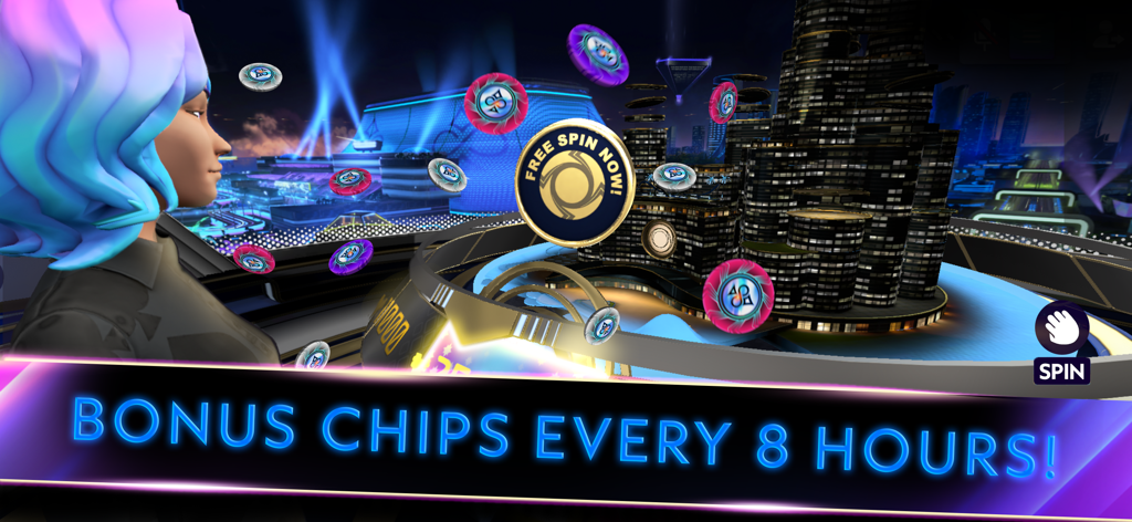 Vegas Infinite by PokerStars - Un avatar de personnage 3D regardant un paysage urbain futuriste avec des jetons de poker flottants et une bannière faisant la promotion de jetons bonus gratuits toutes les huit heures