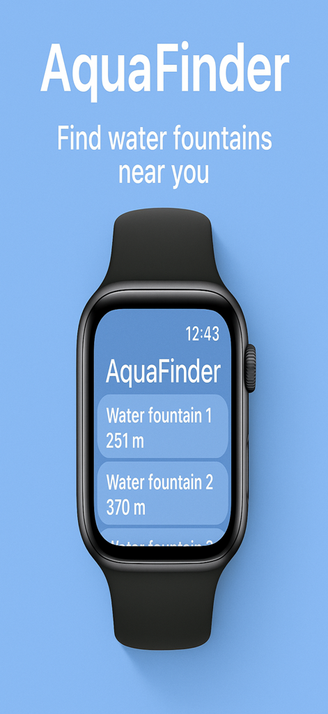 AquaFinder - AquaFinder App auf einer Apple Watch, die eine Liste von nahegelegenen Trinkbrunnen und ihre Entfernungen anzeigt