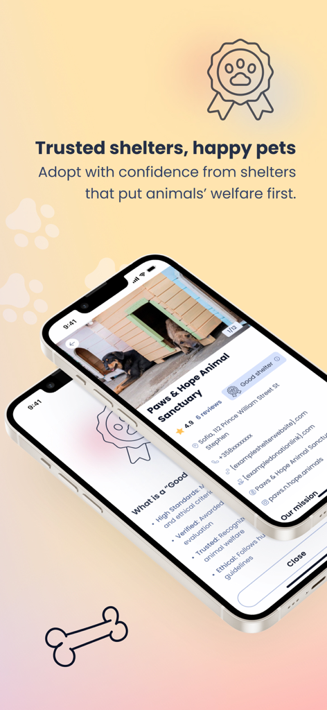 Furever - Interfaz de la aplicación móvil Furever que muestra un perfil de refugio de animales verificado con calificaciones y detalles de ubicación.