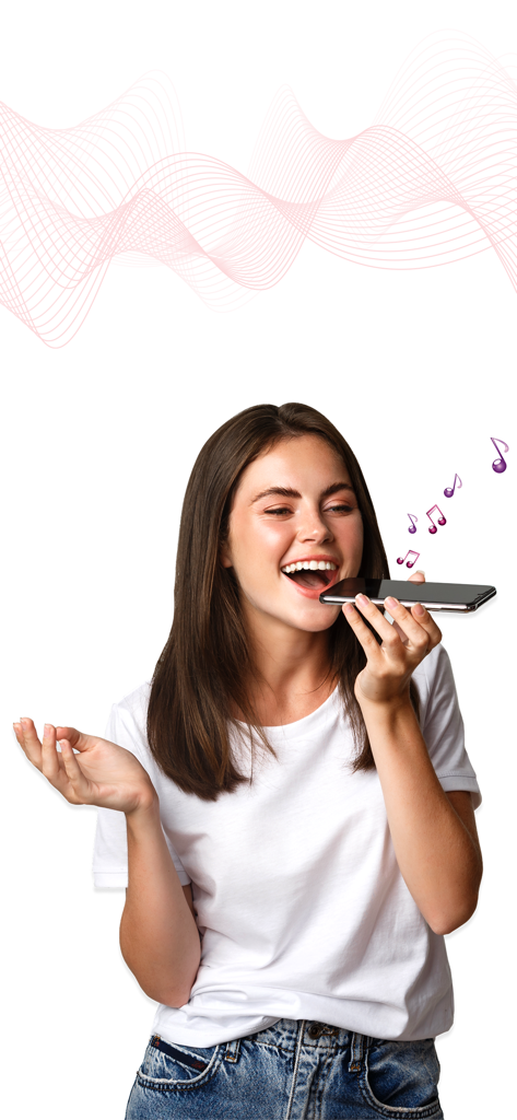 Recorder - Voice Memos - Uma jovem cantando alegremente em seu smartphone para gravar uma música usando um aplicativo de notas de voz