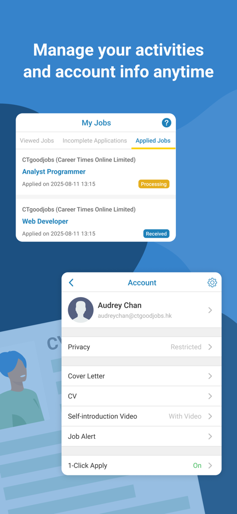 Screenshot of CTgoodjobs app showing applied jobs status and user account settings including CV and self-introduction video options.