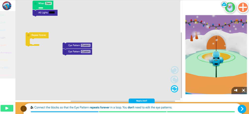 The Blockly app interface showing a visual programming workspace for Dash and Dot robots with a 3D simulation.