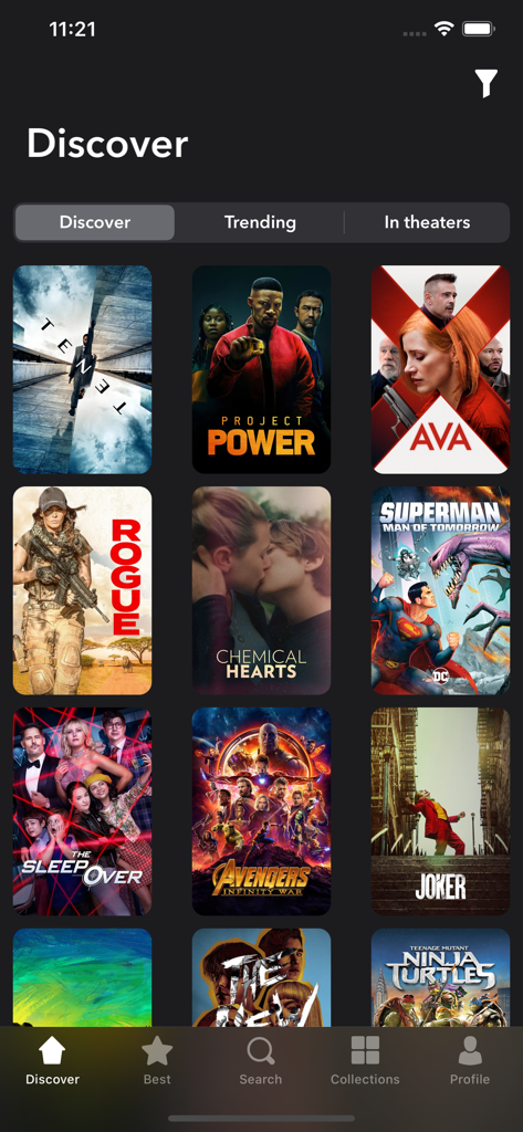 MyMovies - Catalog - MyMovies app discover interface showing a grid of movie posters including Tenet and Avengers