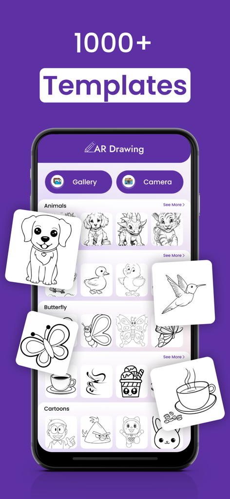Draw : Trace & Sketch - Interface of the Draw Trace and Sketch app displaying various drawing categories and templates like animals and cartoons.