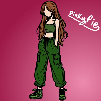 girl in baggy pants crop top and long hair