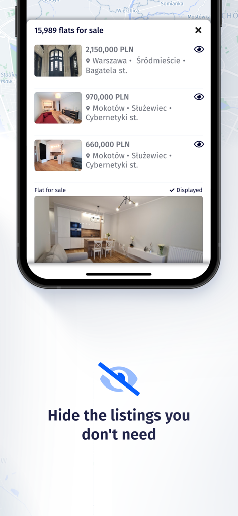 Morizon.pl Real Estate App - Uma interface móvel do aplicativo Morizon.pl mostrando uma lista de propriedades à venda com uma opção para ocultar listagens específicas.