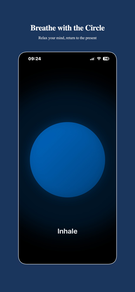 Haptic Calm app interface featuring a blue breathing circle for meditation