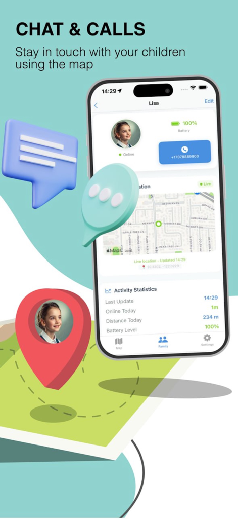 Find My Kids: Location Tracker - Interfaz de la aplicación Find My Kids que muestra opciones de chat y llamadas con rastreo de ubicación en tiempo real para niños