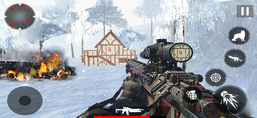 First person shooter perspective in a winter war zone with a burning vehicle and sniper rifle scope