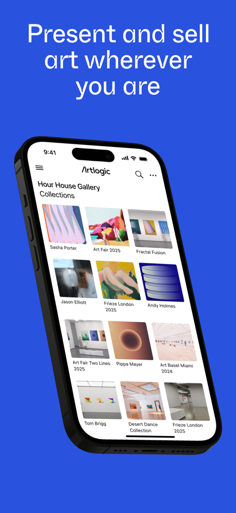 Artlogic mobile app interface showing curated art collections for professional galleries and dealers