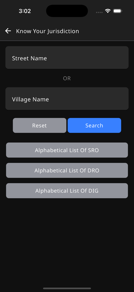 TNREGINET - TNREGINET app screen showing the Know Your Jurisdiction search interface with options for street or village name