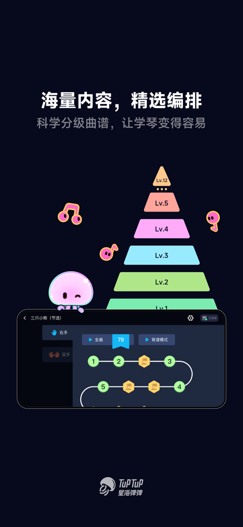Uno schermo mobile che mostra una piramide colorata di livelli di abilità pianistica e un percorso di apprendimento gamificato con passaggi numerati.