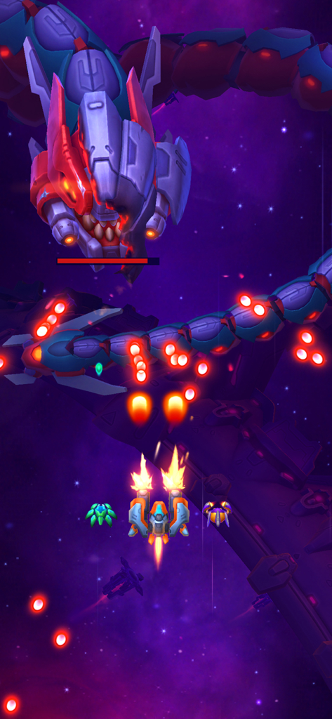 A small orange spaceship and two tactical drones firing at a giant mechanical serpent boss in space.