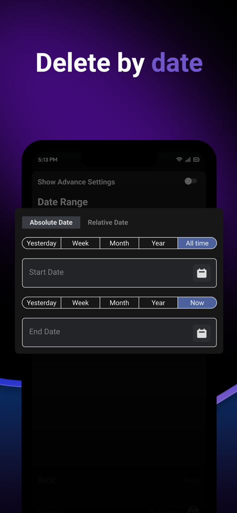 Redact Privacy app screen showing the delete by date feature with start and end date selectors