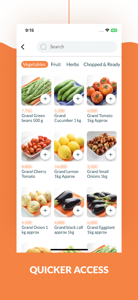 بي ديليفري - Bee Delivery 모바일 앱 인터페이스에는 오이, 토마토, 양파와 같은 다양한 신선한 채소를 보여주는 식료품 쇼핑 화면이 표시됩니다.