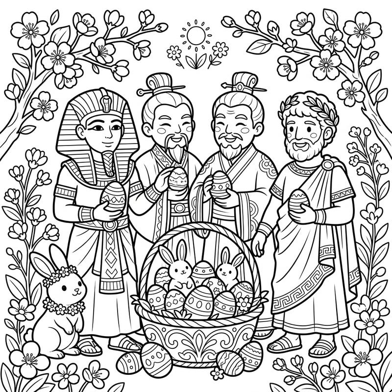 Step back in time for an extraordinary Easter celebration! This unique coloring page brings together iconic ancient rulers from across civilizations, all enjoying the festive spirit with Easter eggs and playful bunnies.