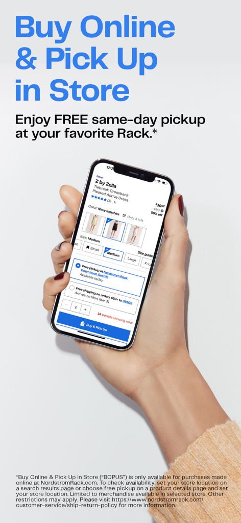 Nordstrom Rack: Shop Deals - A smartphone showing the Nordstrom Rack app with the option to buy online and pick up in store.