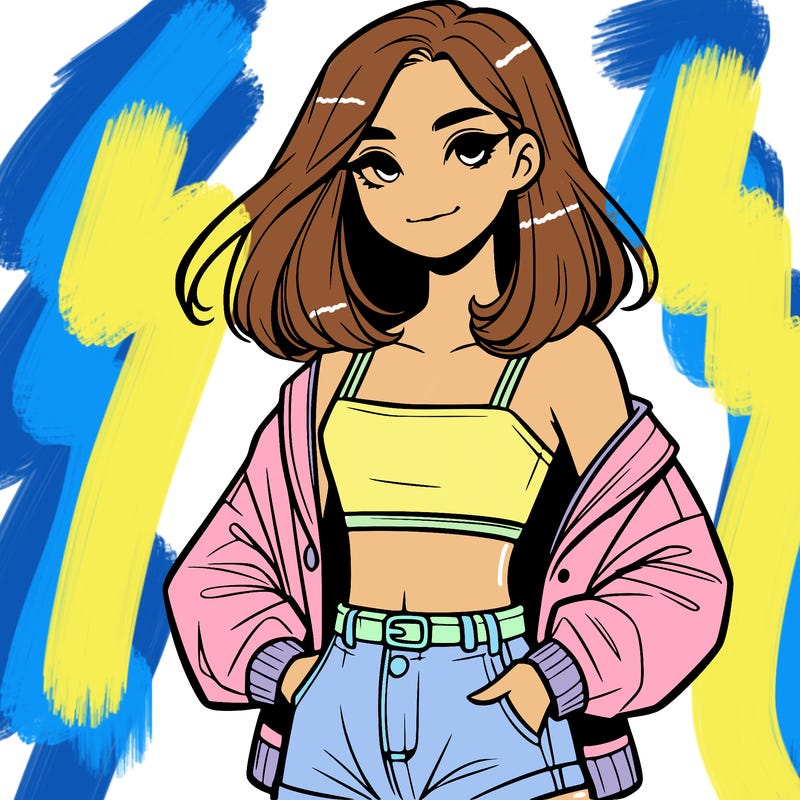 a realistic girl with a crop top and short shorts in an open jacket