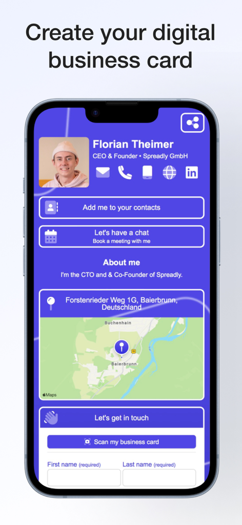 Spreadly Digital Business Card - Spreadly app interface displaying a digital business card with profile picture and contact information