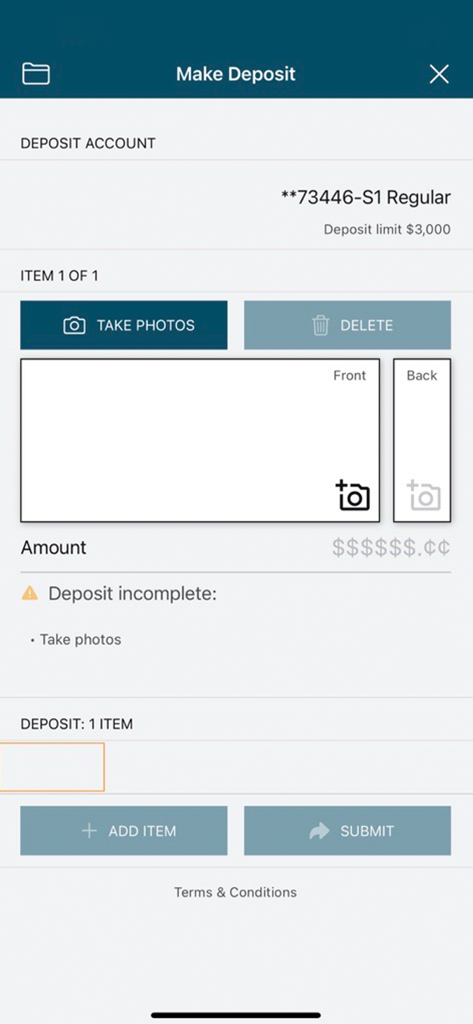 Remote check deposit interface in the PAHO WHO Federal Credit Union mobile app showing photo capture for checks