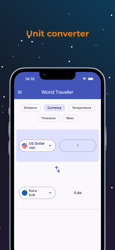 Una captura de pantalla de la aplicación World Traveller mostrando la función de convertidor de divisas con conversión de Dólar Estadounidense a Euro.