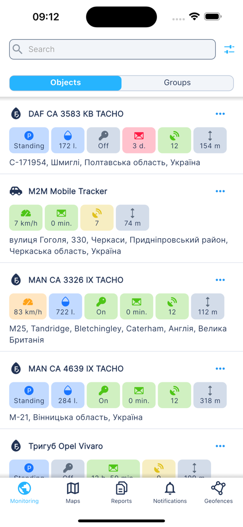 Real-time fleet monitoring dashboard in the M2M app showing vehicle status, fuel levels, and locations.