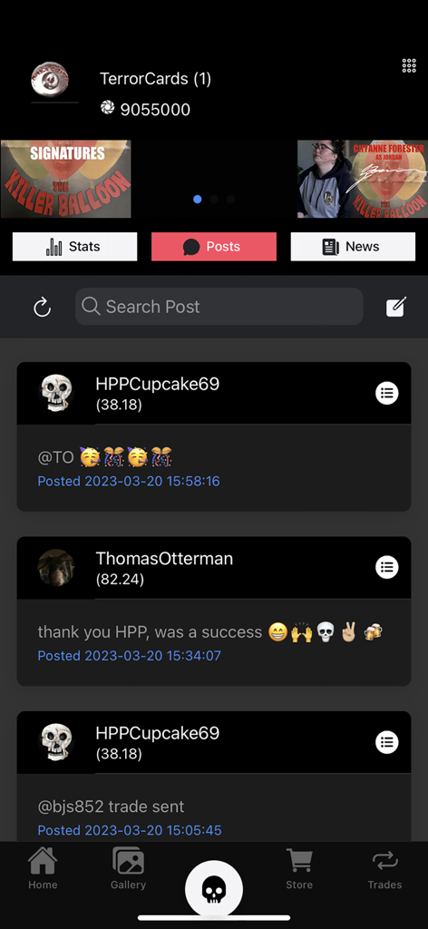 Social community feed with user posts and trade discussions in the Terror Cards app