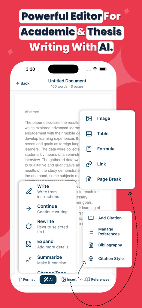 Academic Writing: Research AI - Interface do aplicativo ResearchMate mostrando assistência de escrita com IA e ferramentas de gerenciamento de citações para trabalhos acadêmicos
