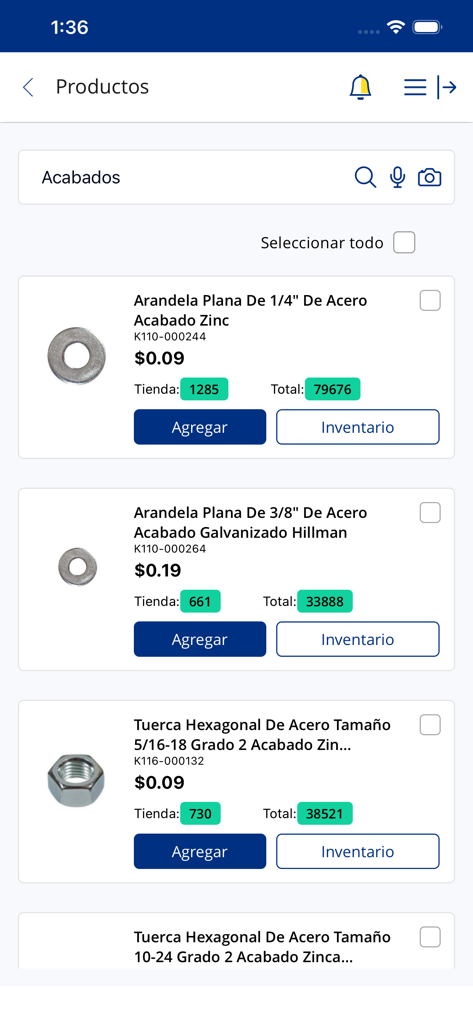 Catalogo prodotti digitale nell'app Aludra Vendite che mostra articoli hardware e livelli di scorte.