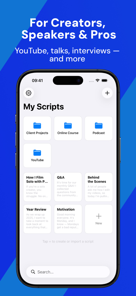 Teleprompter - Script Writing - Dashboard of the PromptSync teleprompter app showing organized script folders for YouTube, podcasts, and online courses.