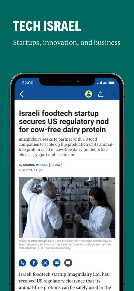 Mobile news article about an Israeli foodtech startup in The Times of Israel app