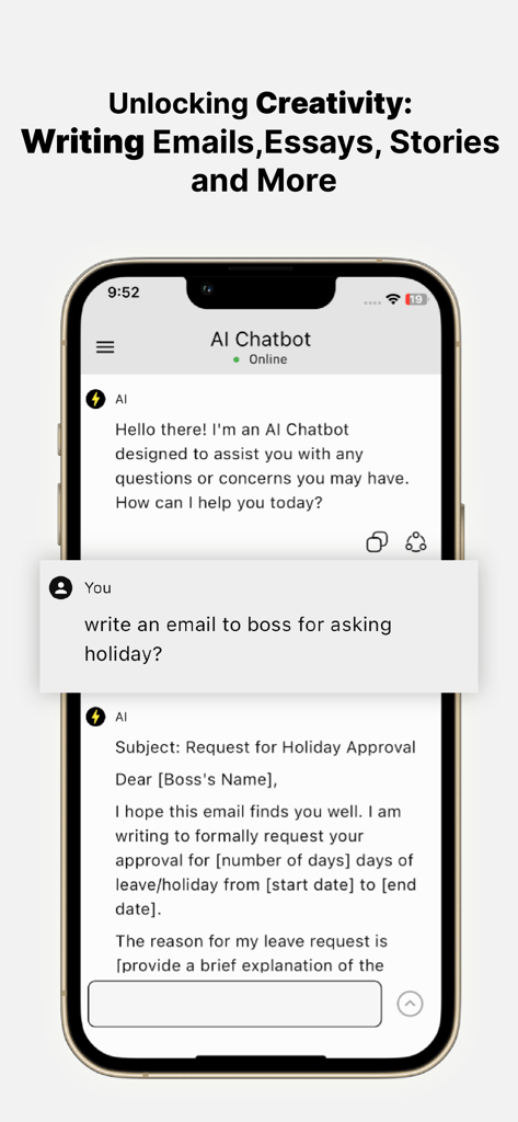 ChatBot Pro - Writer Assistant - AI chatbot app interface showing a generated email request for a holiday.