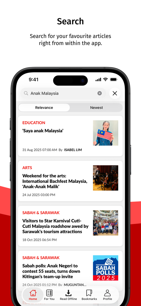 The Star Malaysia - Smartphone screen displaying the search results for Malaysian news articles in The Star app.