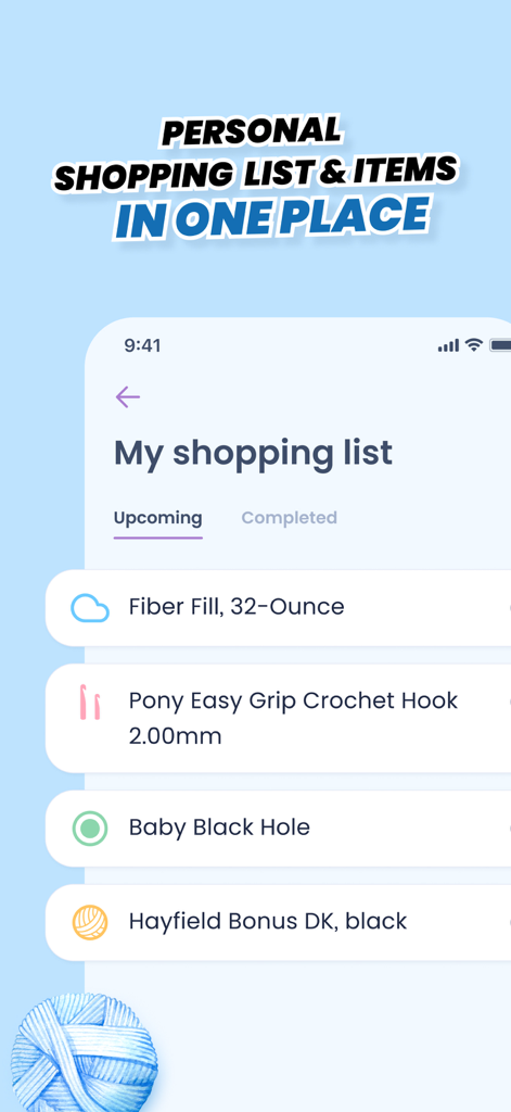 Crochet row & stitch counter - Uma interface de aplicativo móvel mostrando uma lista de compras de crochê com itens como enchimento de fibra, agulhas de crochê e fios.