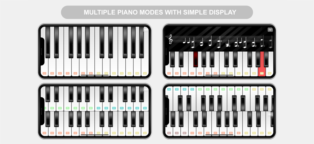 Quatro layouts de teclado de piano diferentes no aplicativo My Piano Phone, incluindo modos simples, duplo e espelhado
