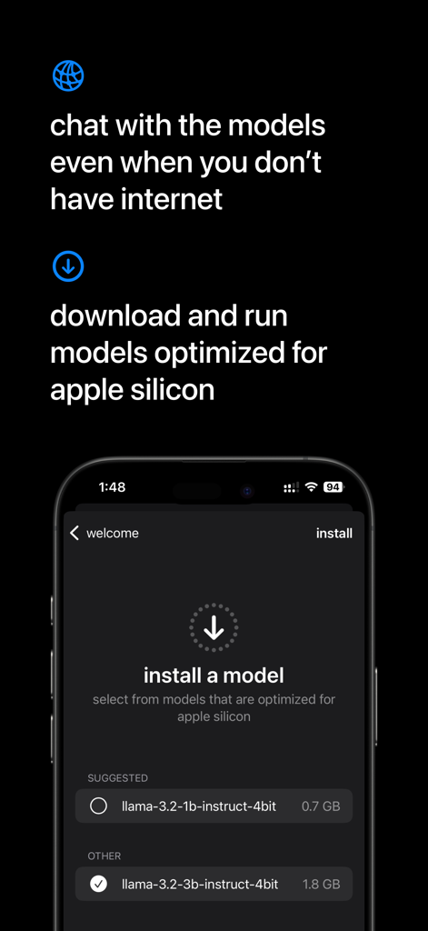 fullmoon: local intelligence - A screenshot of the Fullmoon app interface showing the option to install local AI models for offline use on Apple Silicon devices.