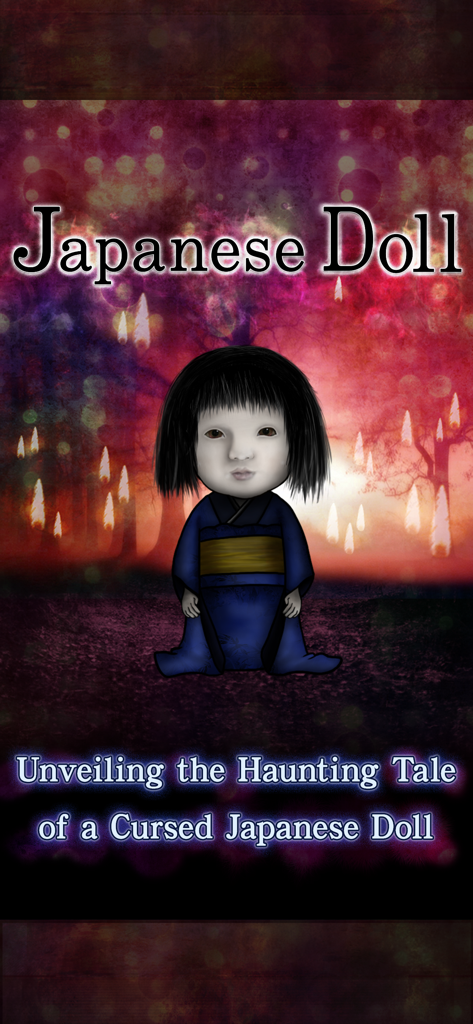 A cursed Japanese doll in a blue kimono against a haunting background for the JapaneseDoll app