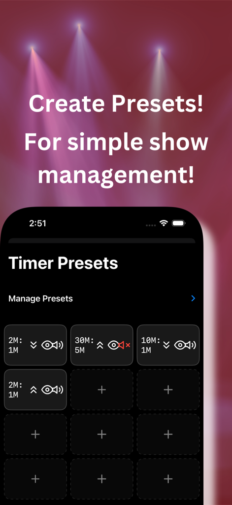 Stage Presence: Lite - Interfaz de Stage Presence Lite que muestra ajustes preestablecidos de temporizador personalizables para la gestión de espectáculos