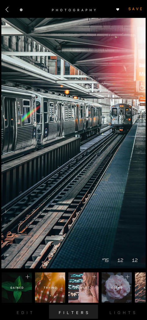 HUJI FILTER - Art Photo Editor - Vintage film filter applied to a city train station photo with light leaks and a date stamp