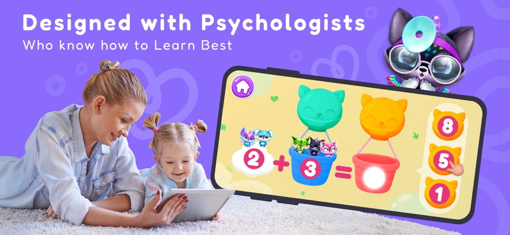 Fluvsies Academy: Learn & Play - Ein Elternteil und ein Kind spielen ein Vorschul-Mathe-Additionsspiel auf einem Tablet in der Fluvsies Academy App