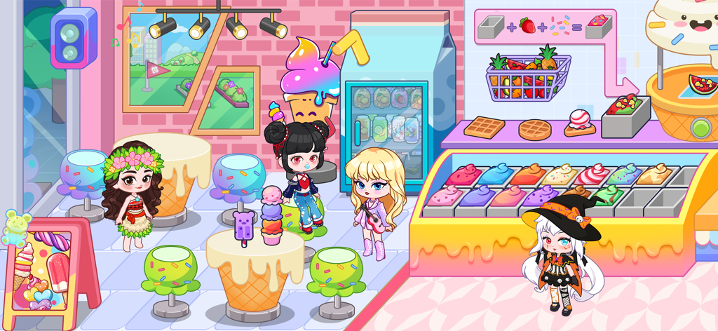 Four customized doll characters interacting in a colorful ice cream parlor with cone-shaped tables and chairs.