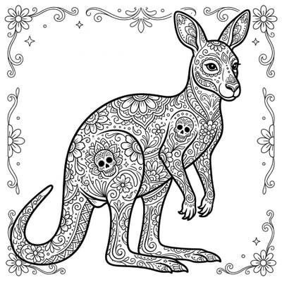 Discover a unique fusion with this Day of the Dead Kangaroo coloring page, adorned with intricate sugar skulls, marigolds, and traditional patterns. This detailed design offers a captivating artistic challenge for colorists of all ages.