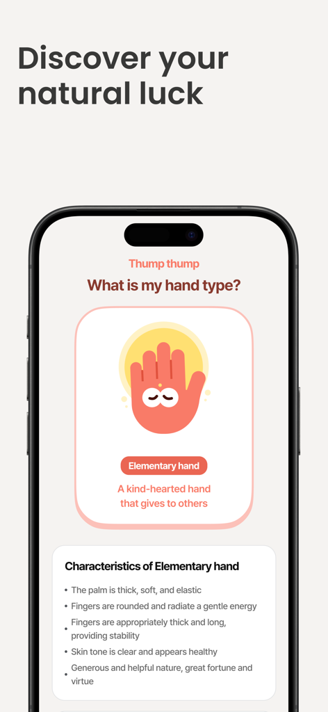 PalmPath - A smartphone screen from the PalmPath app showing a personality analysis for an Elementary hand type with detailed characteristics.