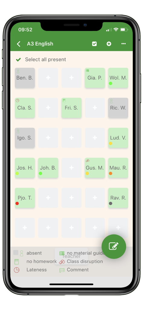 FlixGRADE  - a teacher planner - Uma tela de smartphone exibindo o plano de assentos interativo da sala de aula do aplicativo FlixGRADE para uma aula de inglês com indicadores de desempenho dos alunos codificados por cores.