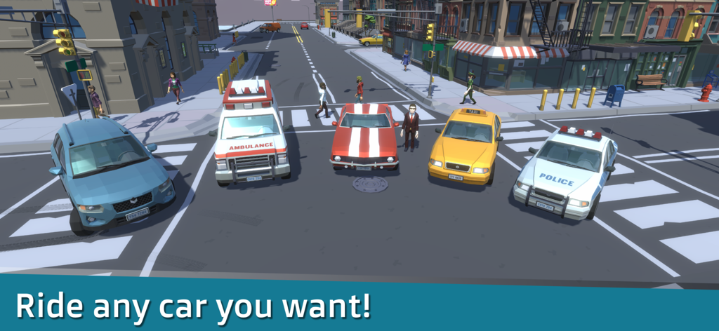 Sandbox City - A variety of drivable vehicles like a police car and ambulance parked on a city street in Sandbox City.