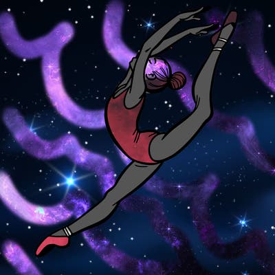 gymnast doing a leap in a leotard with a bent back leg