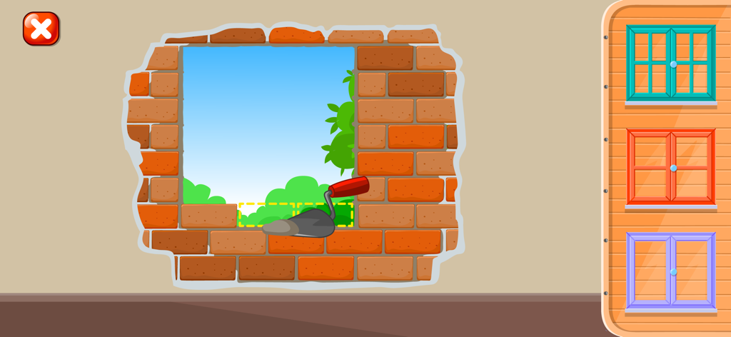 Ein Minispiel, das zeigt, wie eine Backsteinmauer mit einer Kelle und einer Auswahl an bunten Fenstern gebaut wird