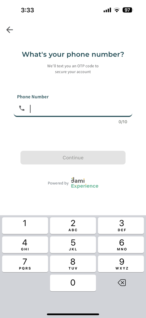 Dami Experience - Ecrã de registo de número de telefone da aplicação Dami Experience com teclado numérico