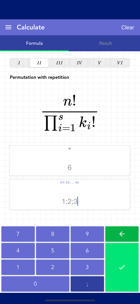Combinatorics PRO - Die Benutzeroberfläche der Combinatorics PRO App zeigt eine Formel und Eingabefelder für Permutationen mit Wiederholung an.