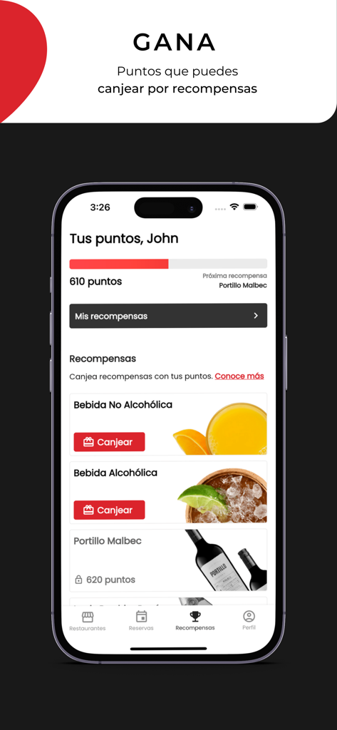 Schermata di un'app mobile che mostra un programma fedeltà con punti e opzioni per riscattare premi come bevande e vino.